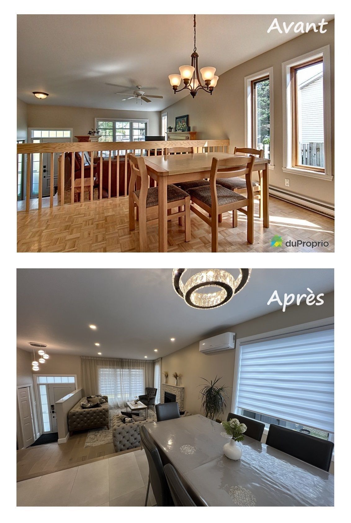 Vue en deux parties comparant une salle à manger avant et après des rénovations modernes avec éclairage, mobilier et fenêtres modernisés.