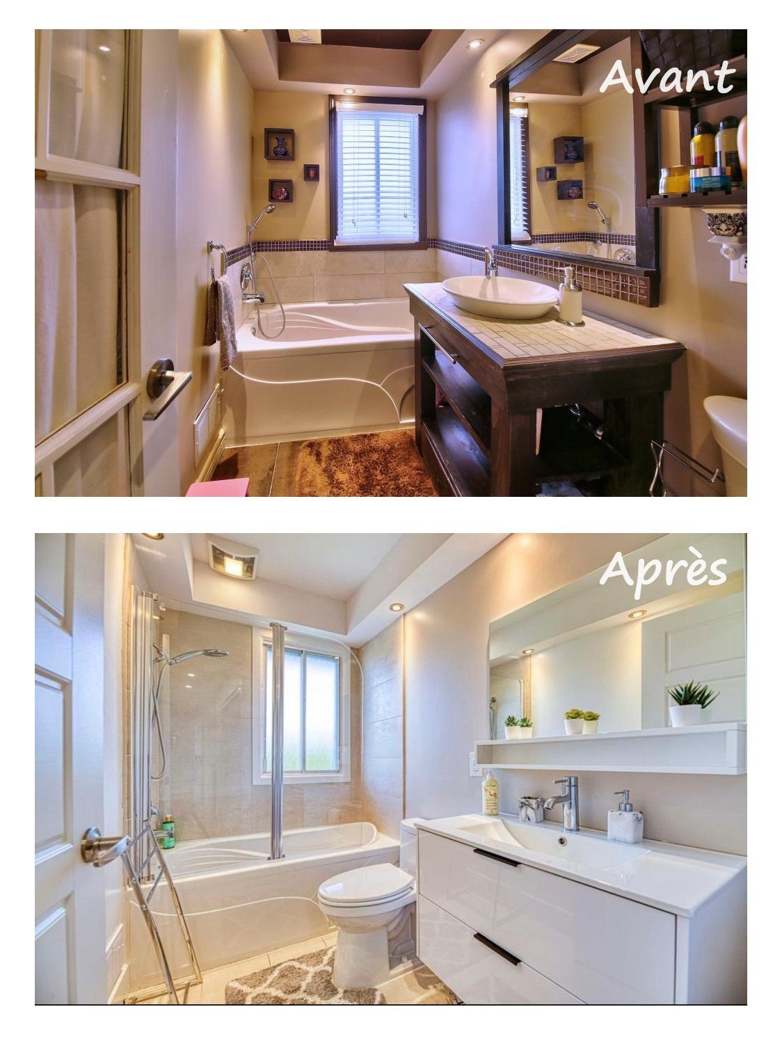 Comparaison avant-après d'une rénovation de salle de bains montrant la transition d'un décor rustique sombre à un style blanc éclatant.