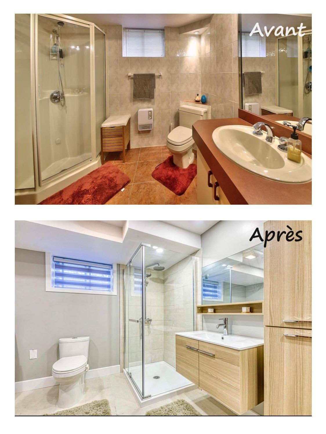 Photos avant et après la rénovation d'une salle de bain présentant une mise à jour moderne aux tons neutres avec de nouveaux carreaux et accessoires.
