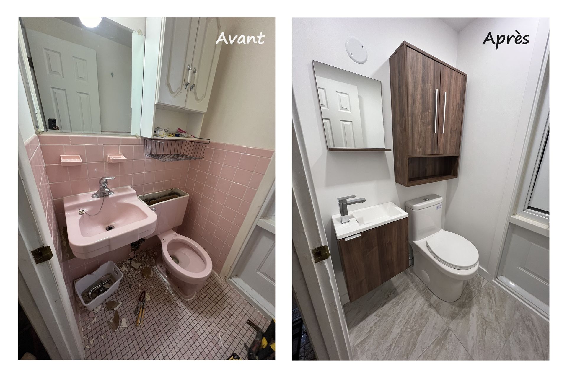 Photos avant et après la rénovation d'une salle de bains, remplaçant les carreaux et les accessoires roses par des meubles modernes en bois.