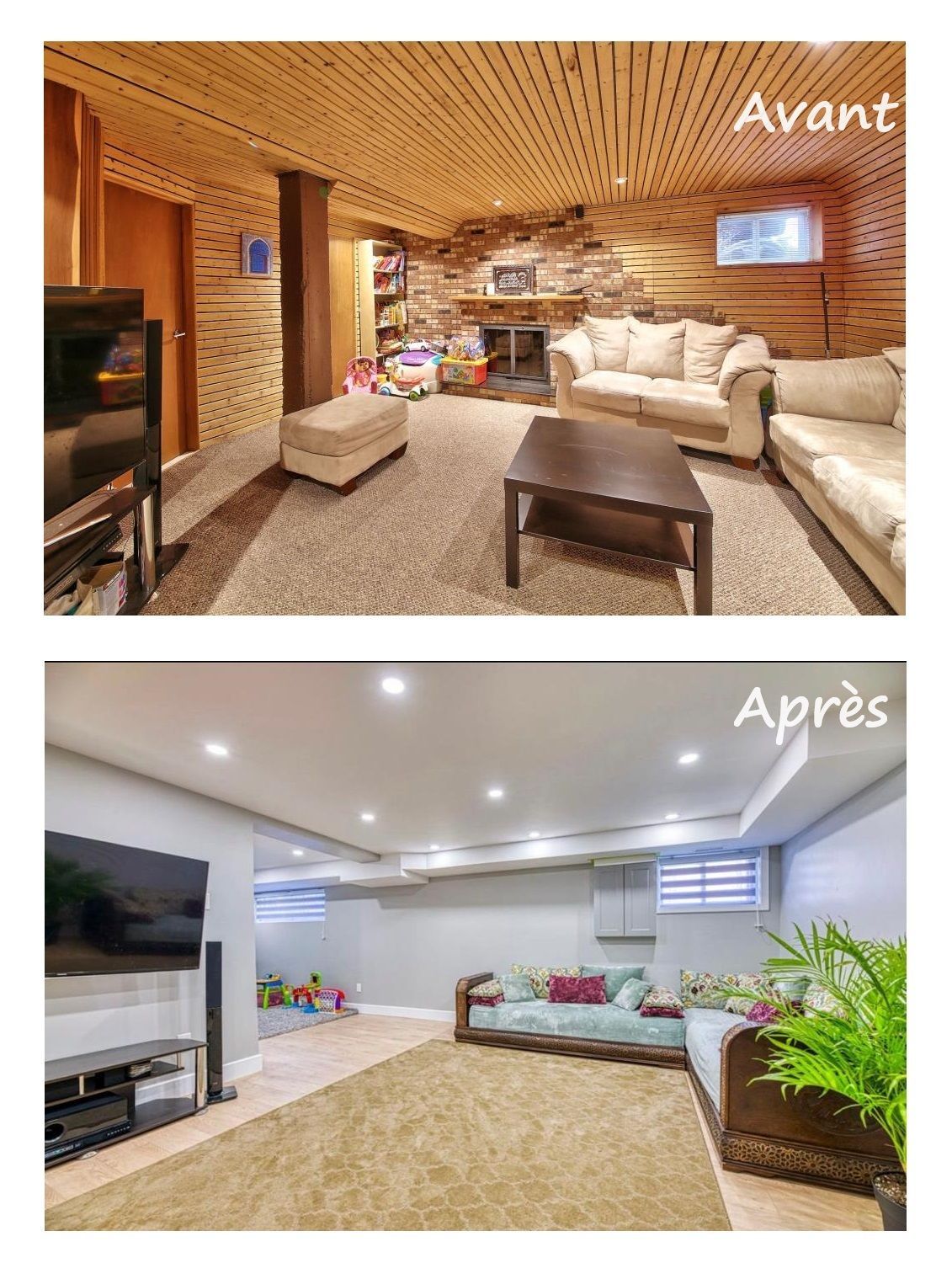 Comparaison en écran partagé de l'intérieur d'un sous-sol avant et après rénovation, montrant un espace moderne, lumineux et rénové.