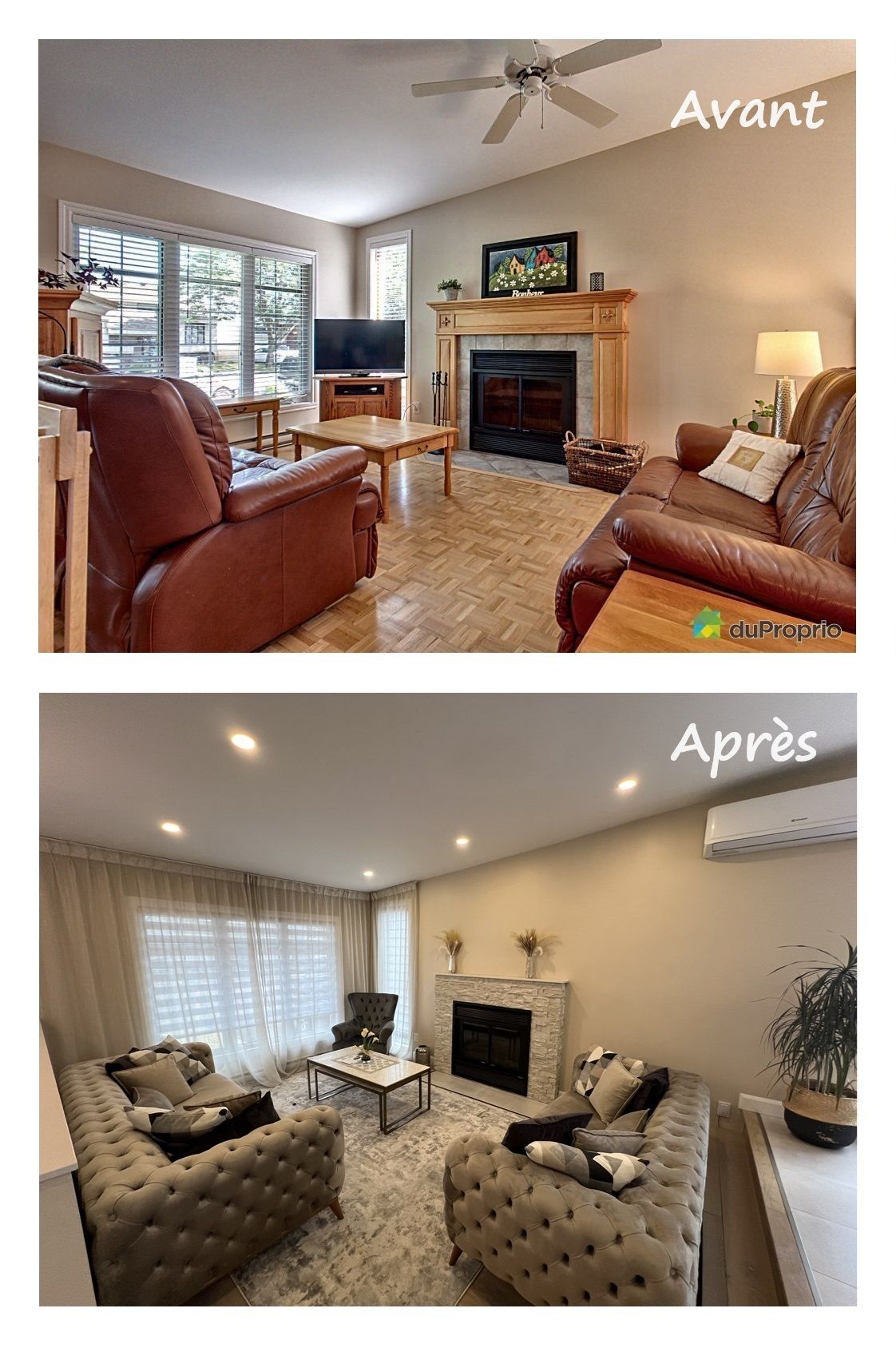 Comparaison avant/après de la rénovation d'un salon, montrant la modernisation du mur de la cheminée et du mobilier.