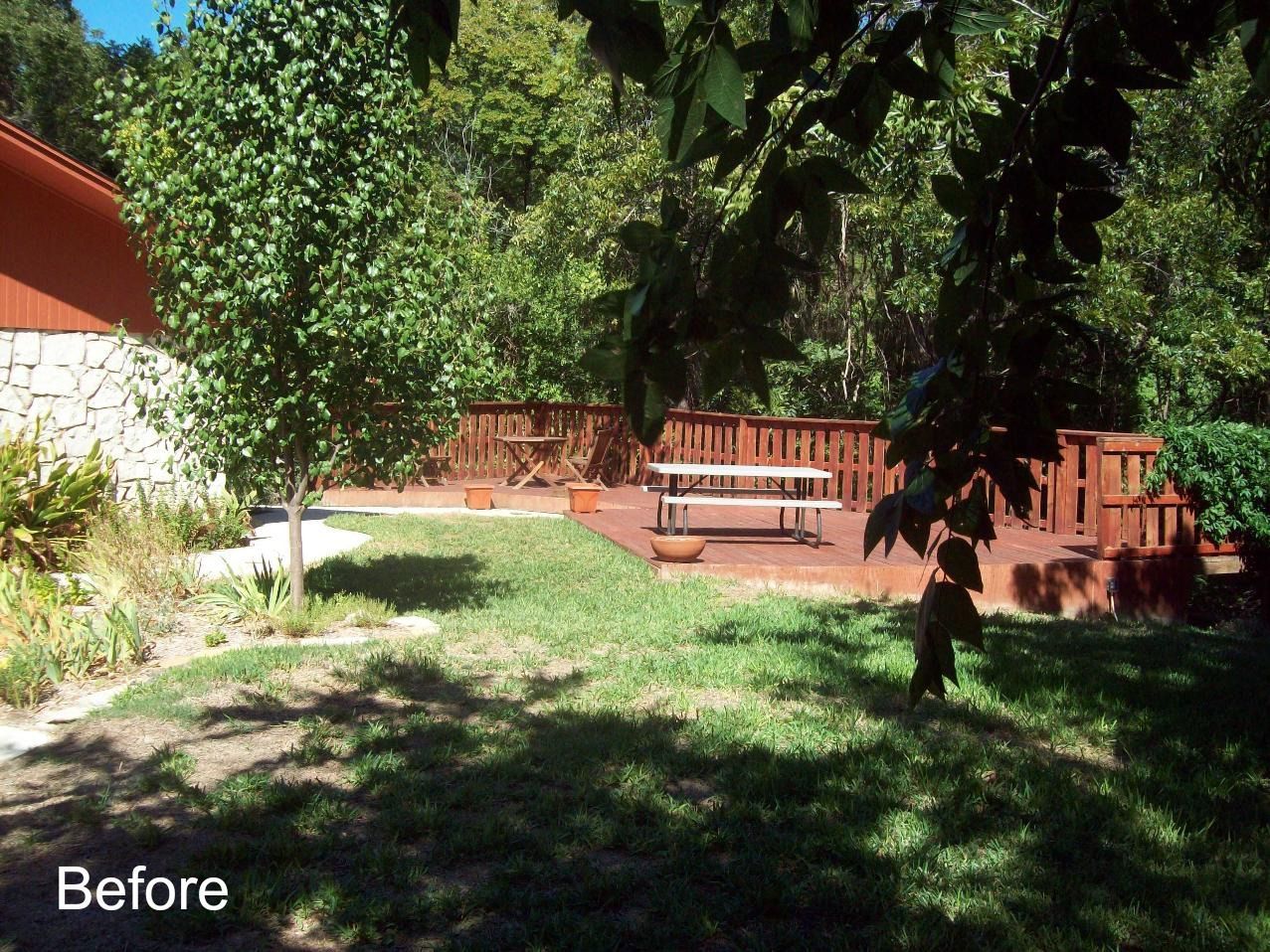 A before picture of a backyard with a picnic table