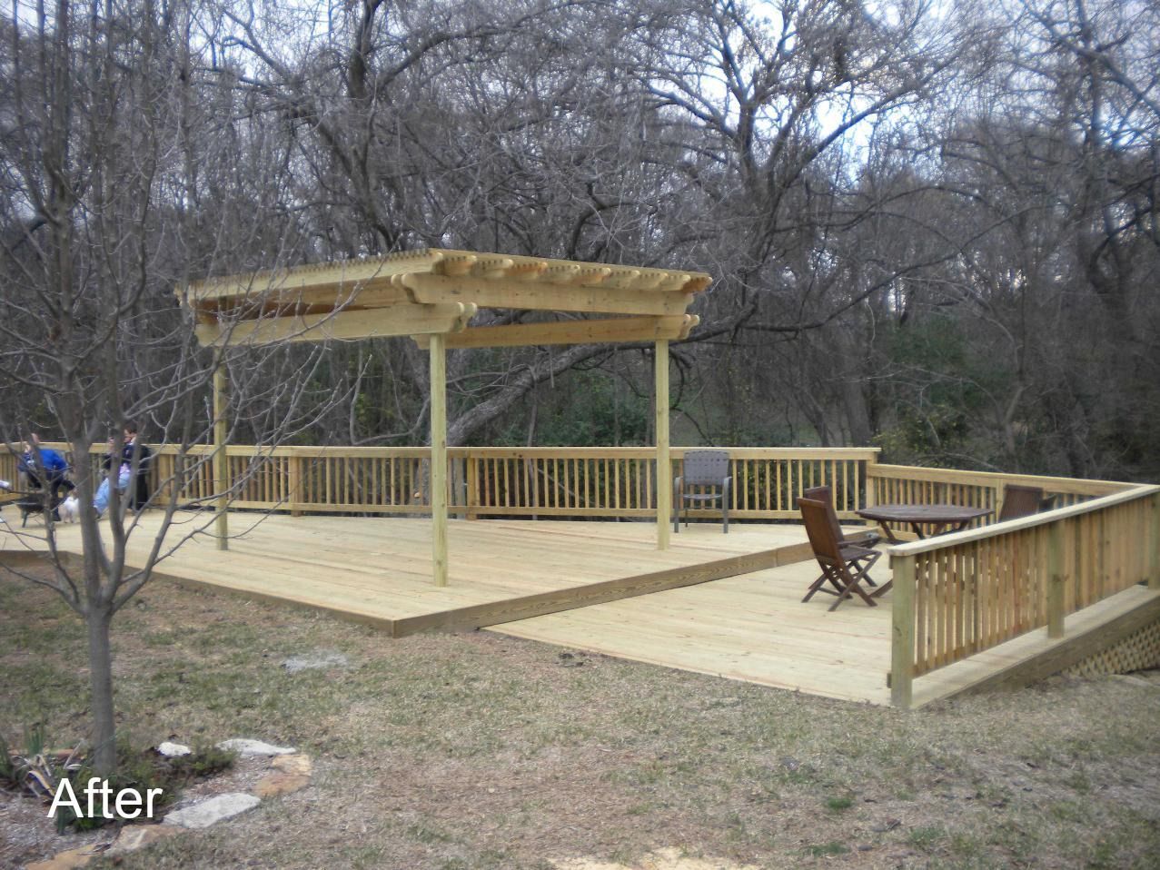 A wooden deck with a pergola and chairs on it