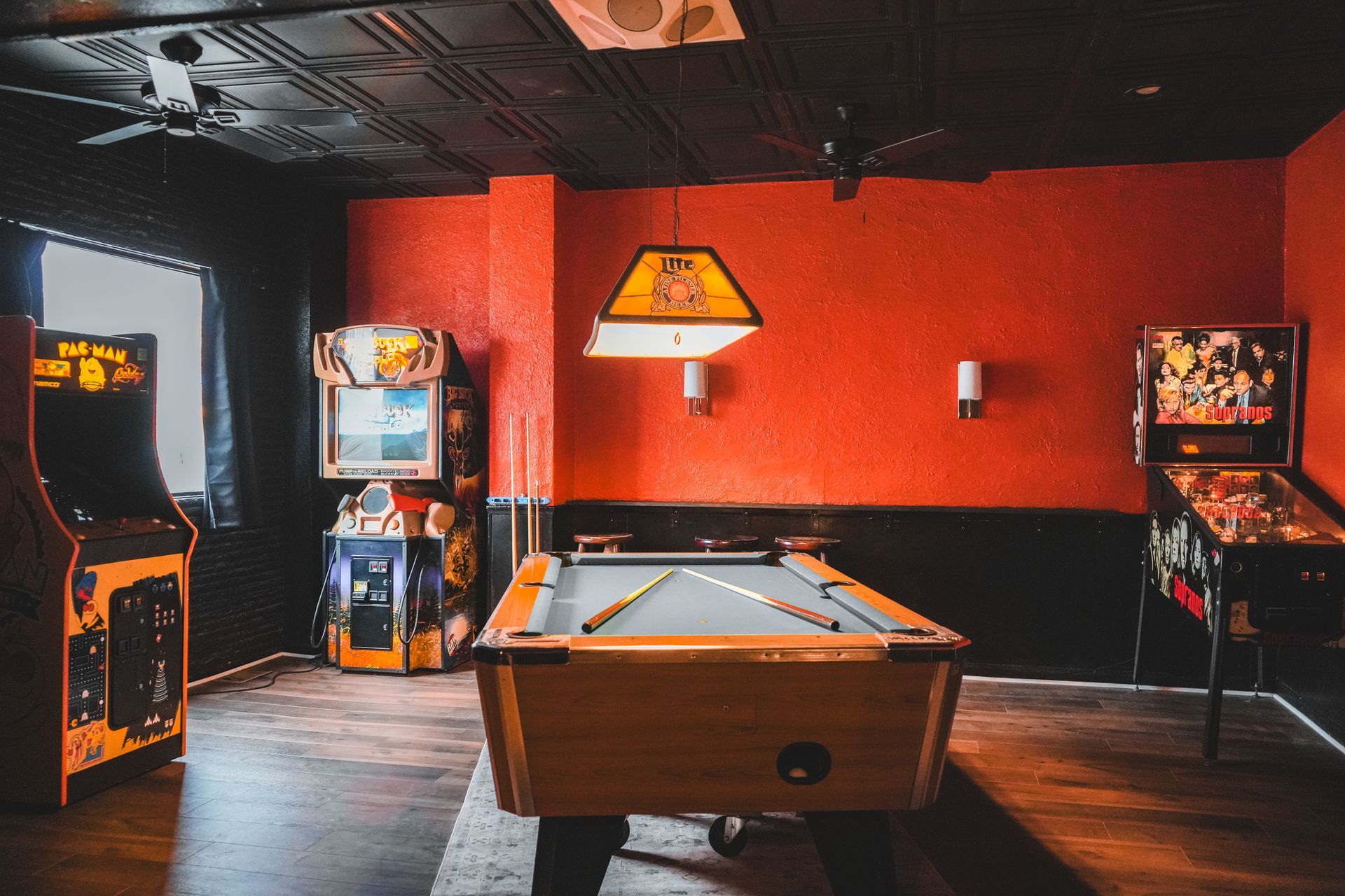 Retro Game room at Bad Ending, a bar in Rochester NY featuring pinball, pool, and mrs. pacman