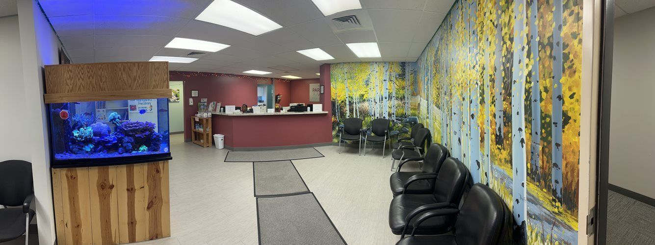 Long hallway with black chairs, blue-patterned wall, reception desk, and TV aquarium display