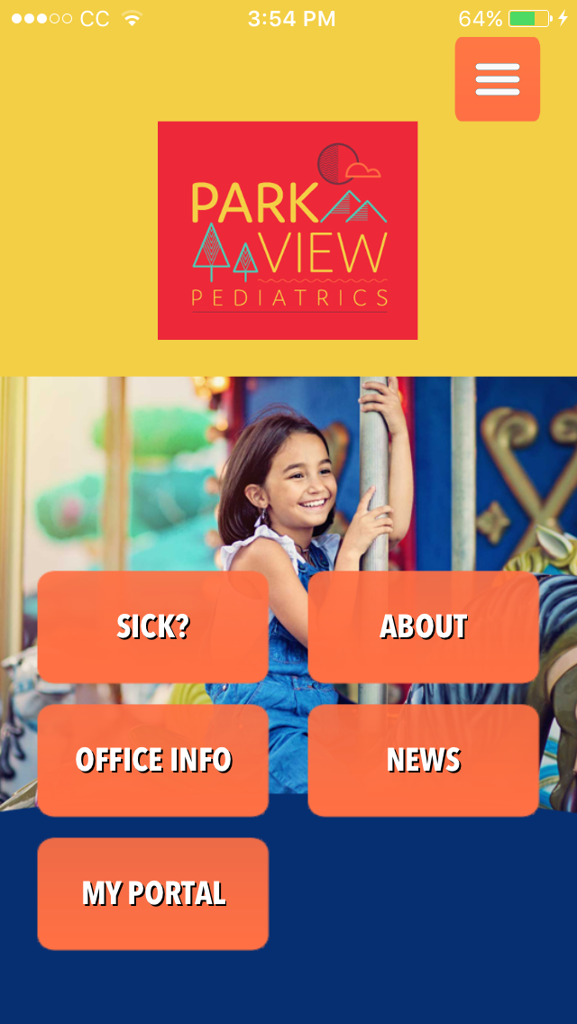 Park Avenue Pediatrics app home screen with logo, child photo, and orange menu buttons on blue background