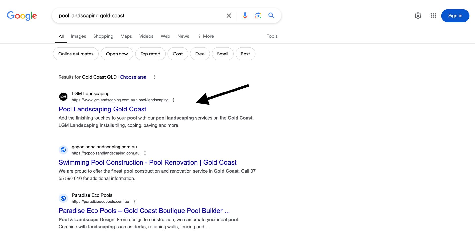 A screenshot of a google search page with an arrow pointing to the top of the page.