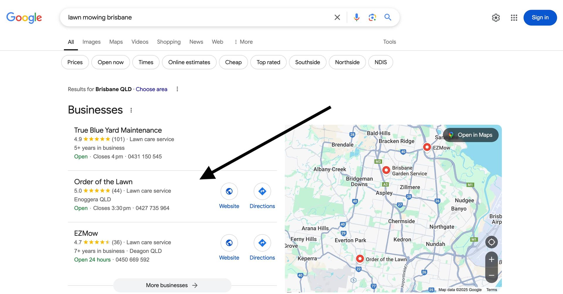 A google search page with an arrow pointing to a map.