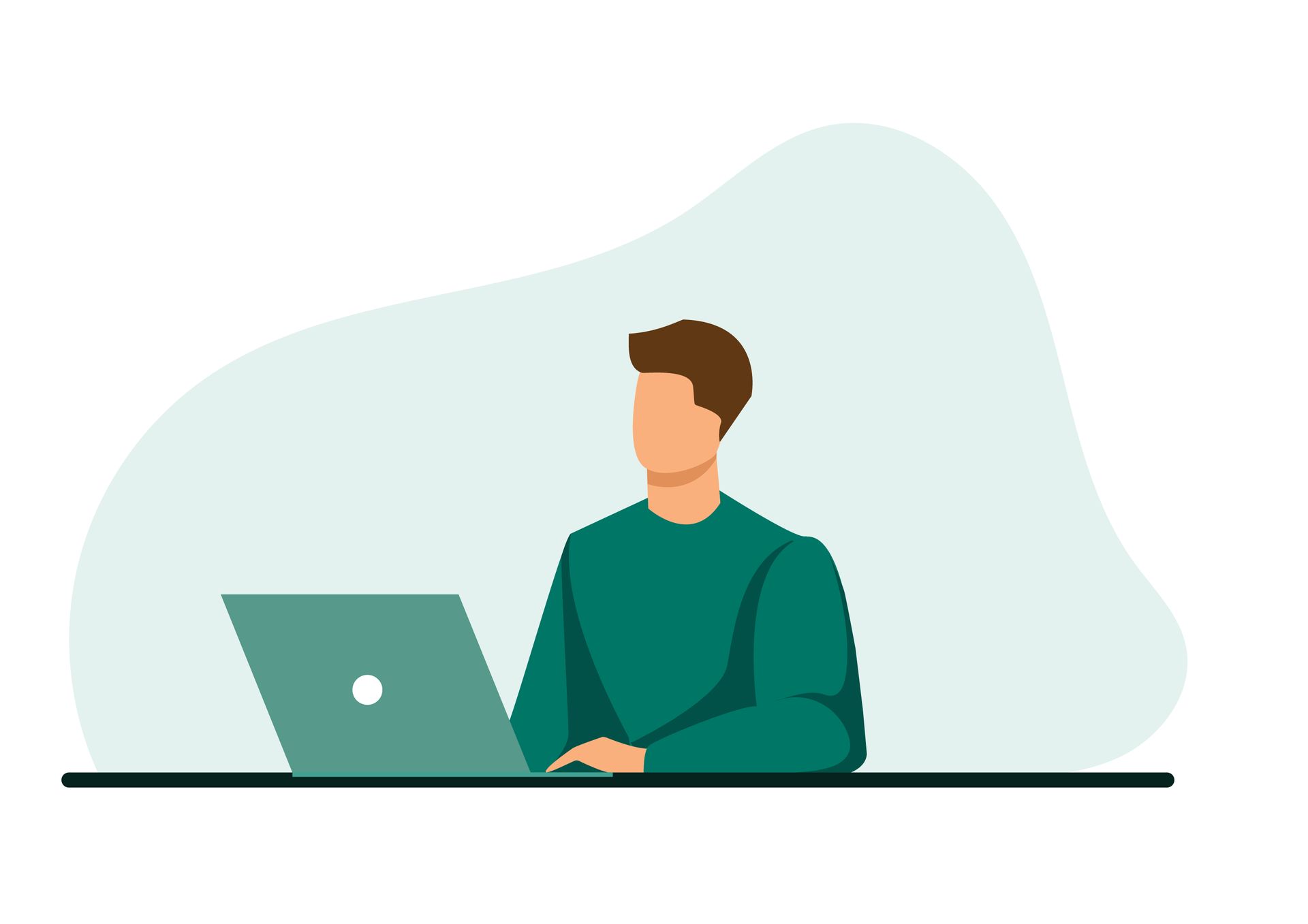 Person using a laptop at a desk against a soft green background
