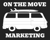 White van graphic with surfboards and the text “ON THE MOVE MARKETING”
