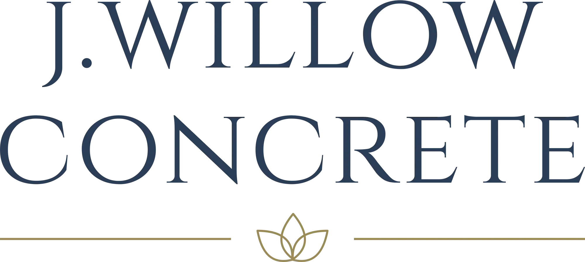 J. Willow Concrete logo with navy text and gold floral emblem on a light peach background.