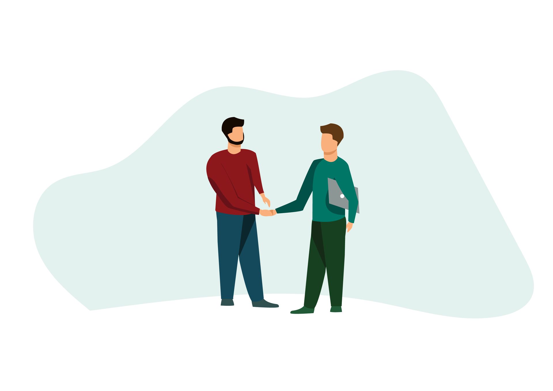 Two men are shaking hands while standing next to each other.