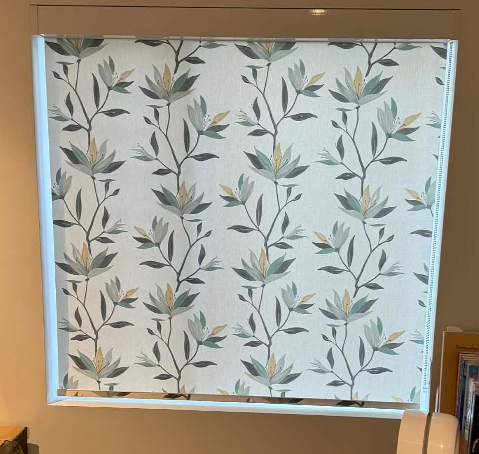 Window Covered with White Leaf-Patterned Curtain — Advantage Screens and Blinds Hervey Bay In Pialba, Queensland
