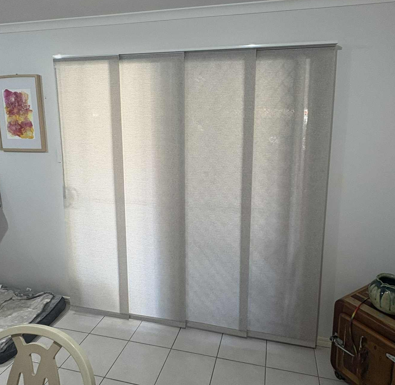 Bedroom with Gray Curtains Over a Sliding Glass Door — Advantage Screens and Blinds Hervey Bay In Pialba, Queensland