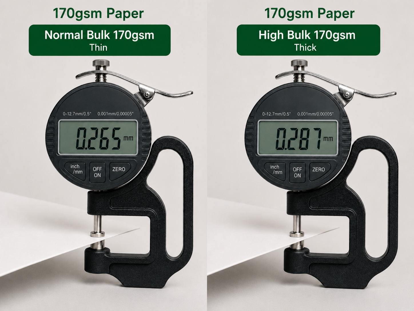 Normal bulk 170gsm paper vs high bulk 170gsm paper thickness comparison