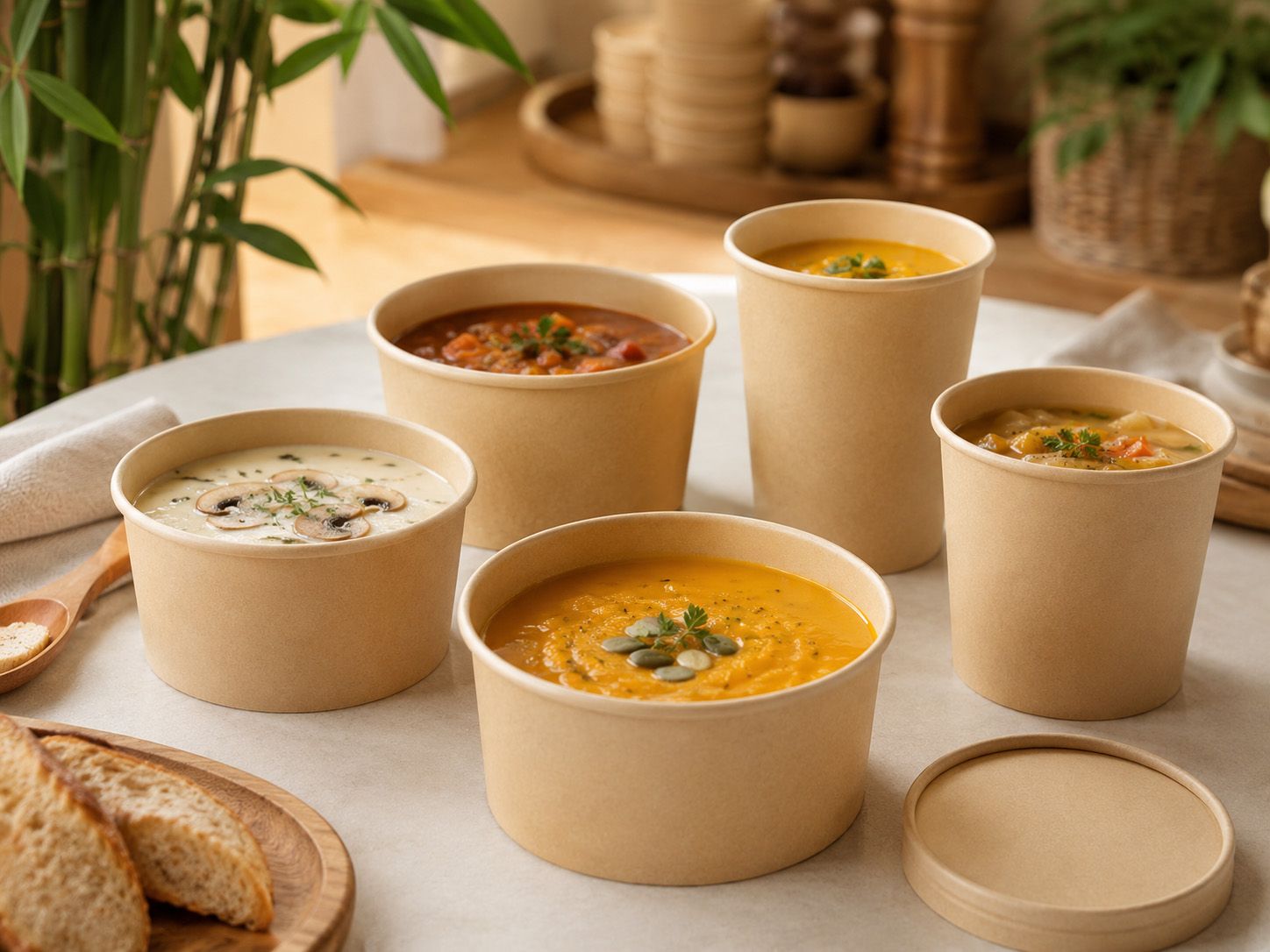 Bamboo paper cups and bowls made from bamboo cupstock board