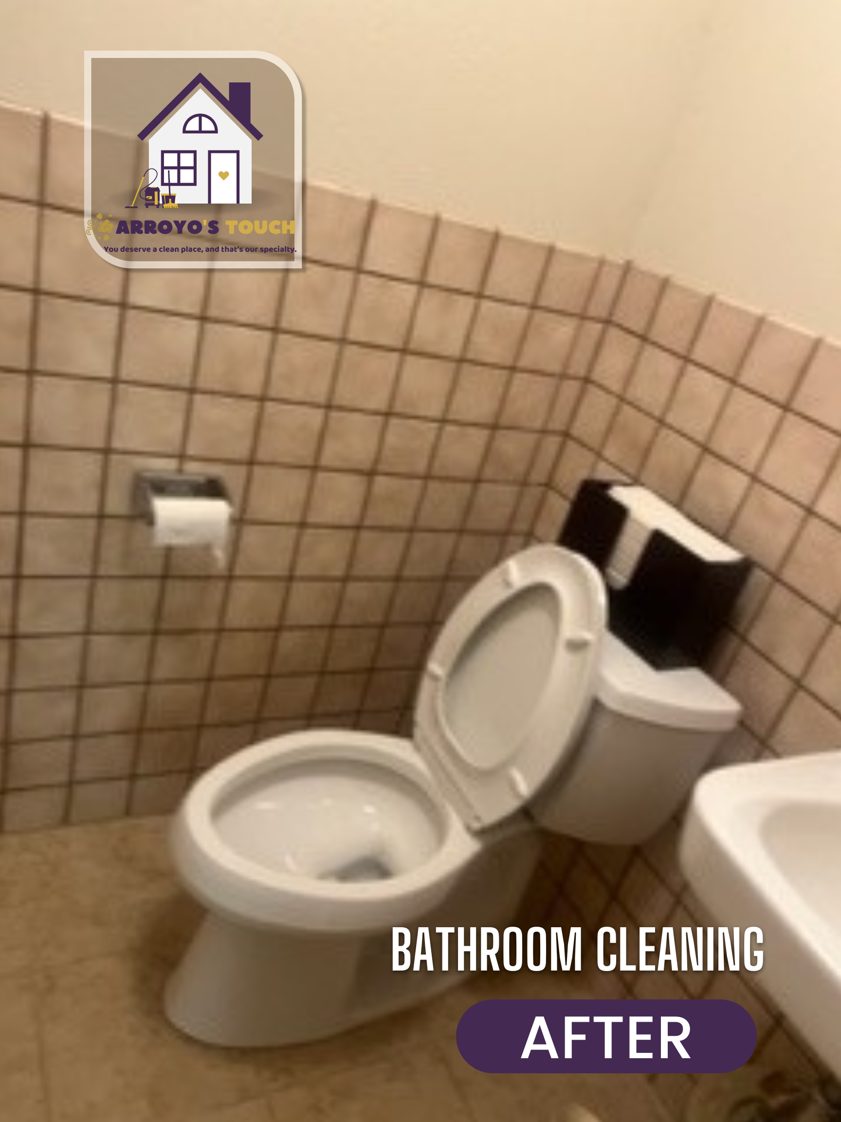 Clean bathroom: white toilet with open lid, beige tile walls. Paper towel roll, sink, and text “Bathroom Cleaning After.”