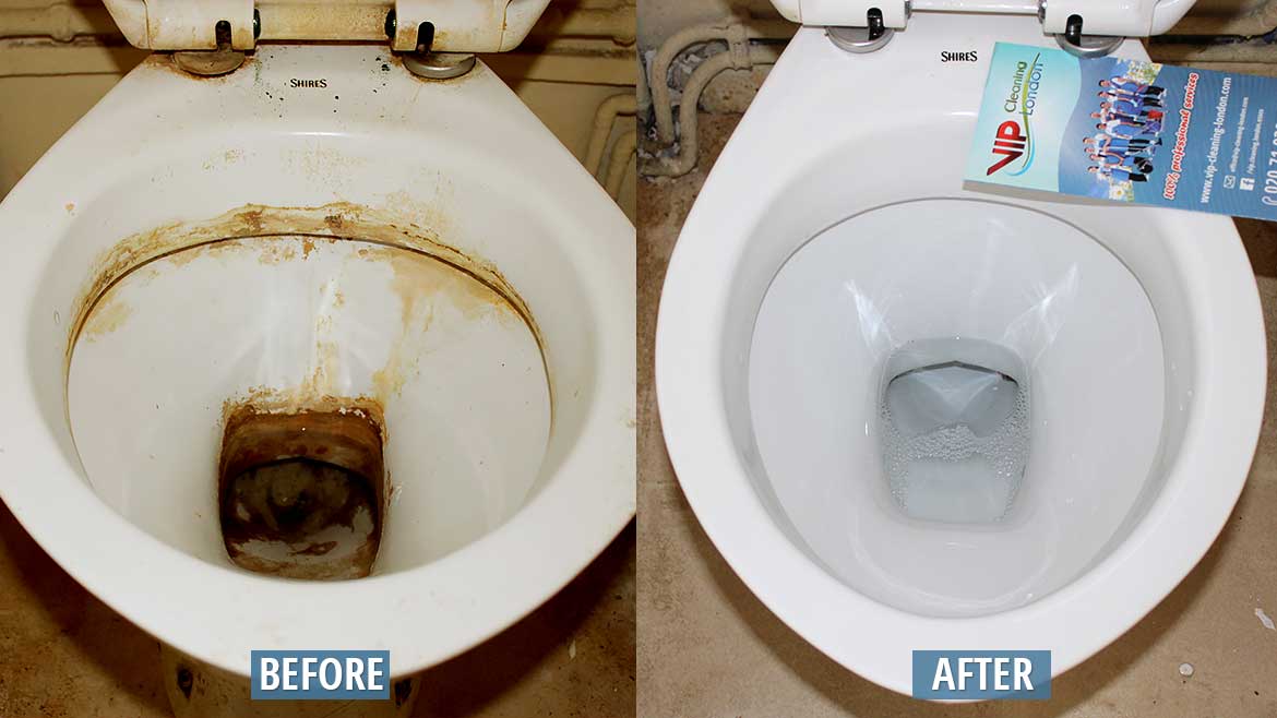 Before and after view of a toilet bowl; heavily stained versus sparkling clean.