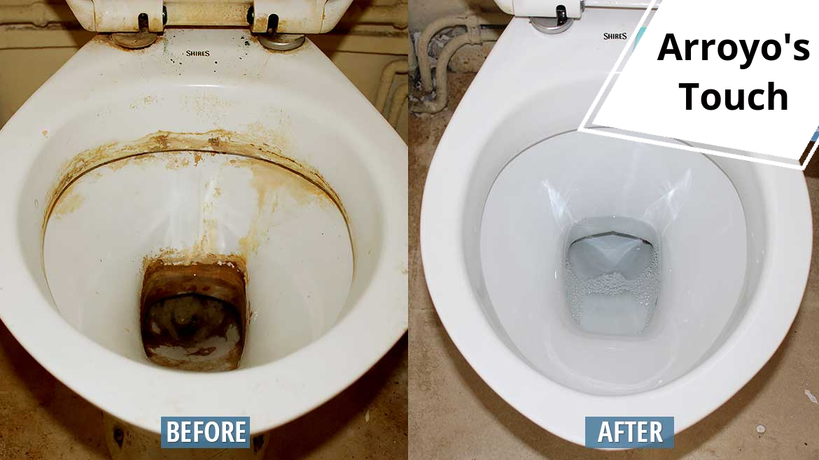 Before and after photos of a toilet. The