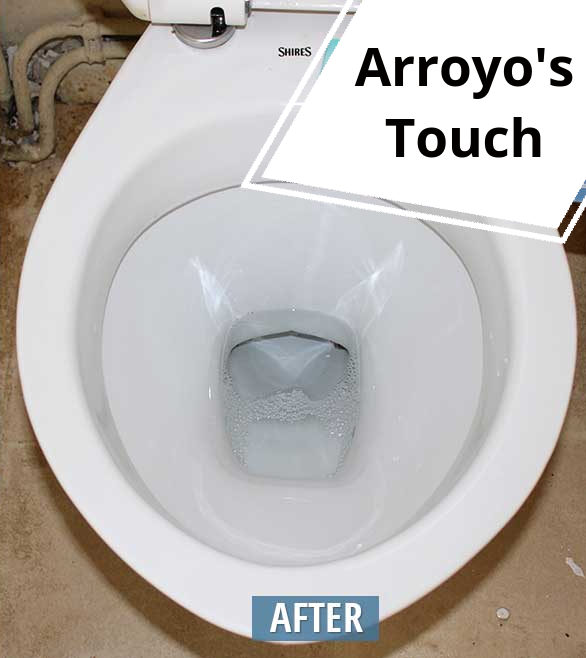 Clean white toilet bowl with fresh water, labeled 