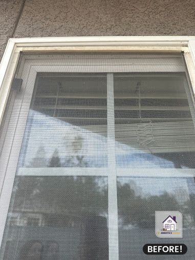 Window with white frame, screen, and visible interior with a