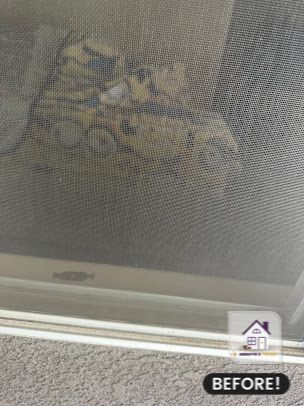 Damaged window screen with a hole, labeled