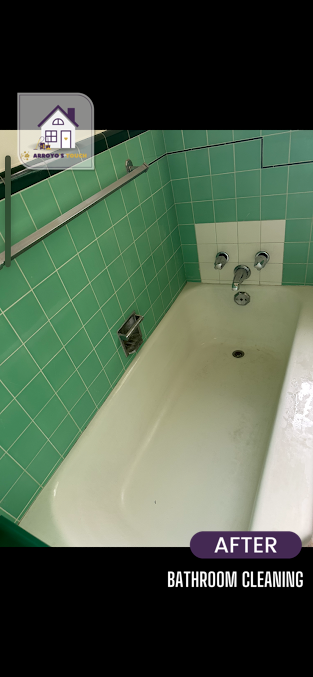 Cleaned bathtub in a bathroom with green tiled walls. The word