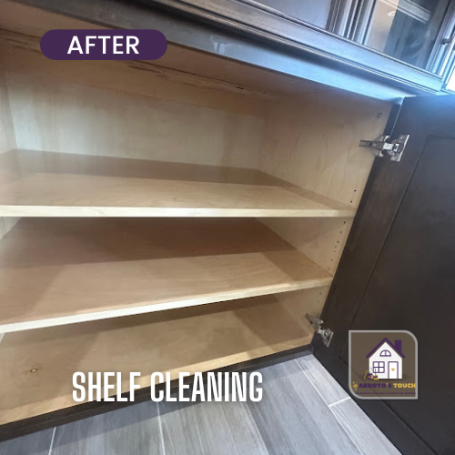Clean kitchen cabinet shelves.