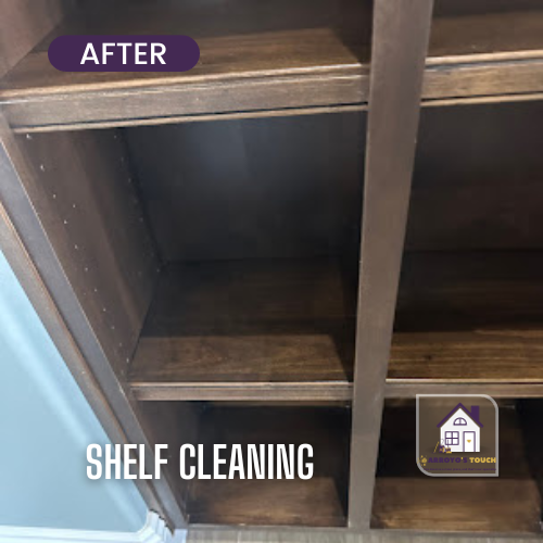 Clean wooden shelves in a built-in cabinet.