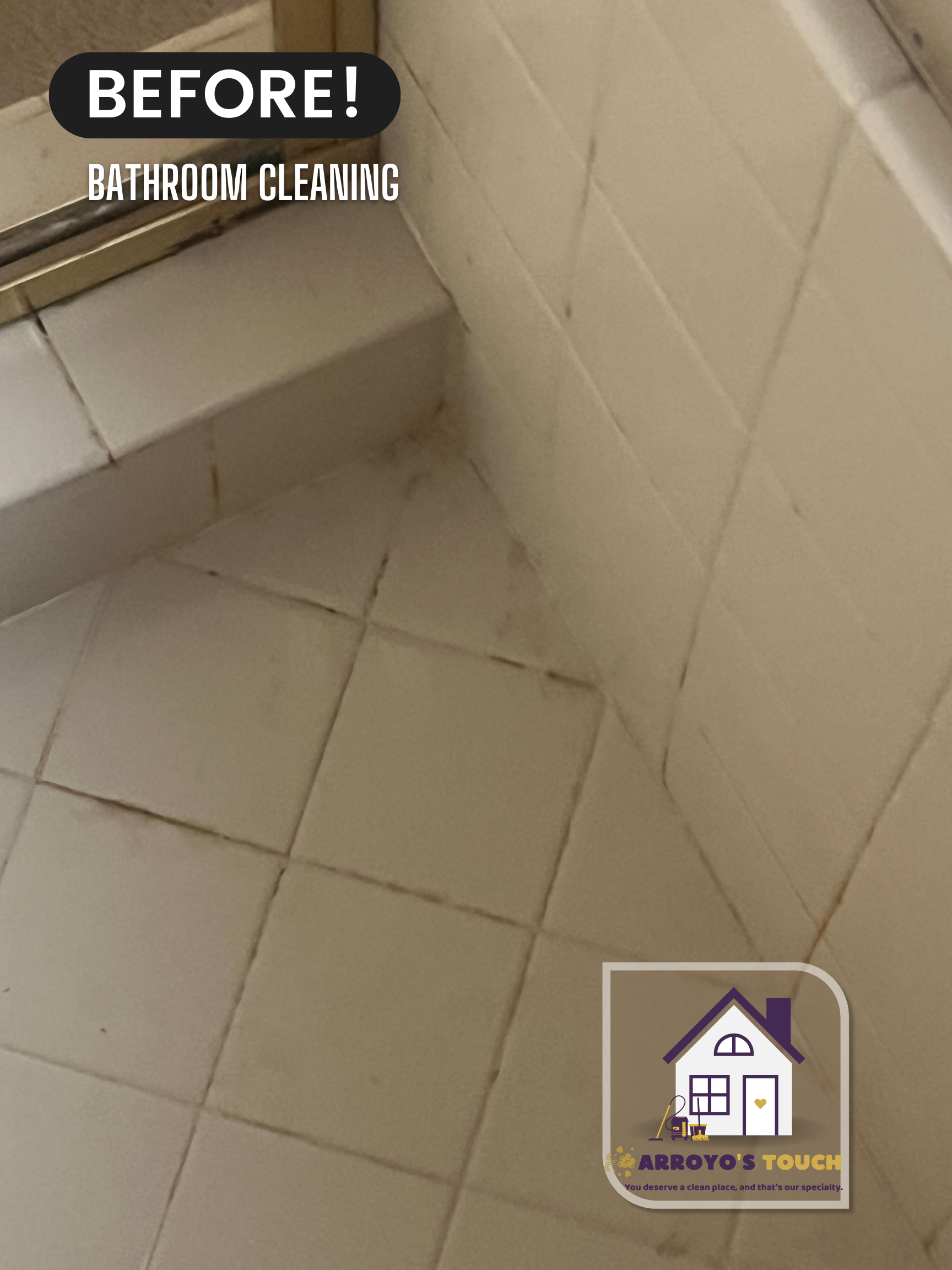 Dirty, tiled bathroom floor and walls, corner view;