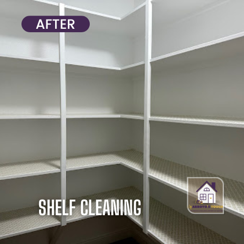 Clean, white pantry shelves with patterned shelf liners. Text: