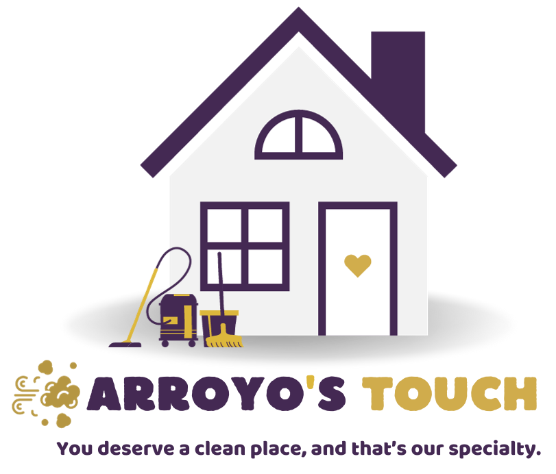 Logo: white house with purple roof and cleaning supplies; 