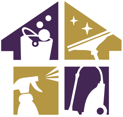 Cleaning service logo with bucket, sprayer, window squeegee, and vacuum; gold and purple.