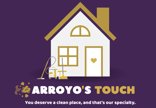 Logo for Arroyo's Touch: White house with gold accents, cleaning supplies. Purple background with text