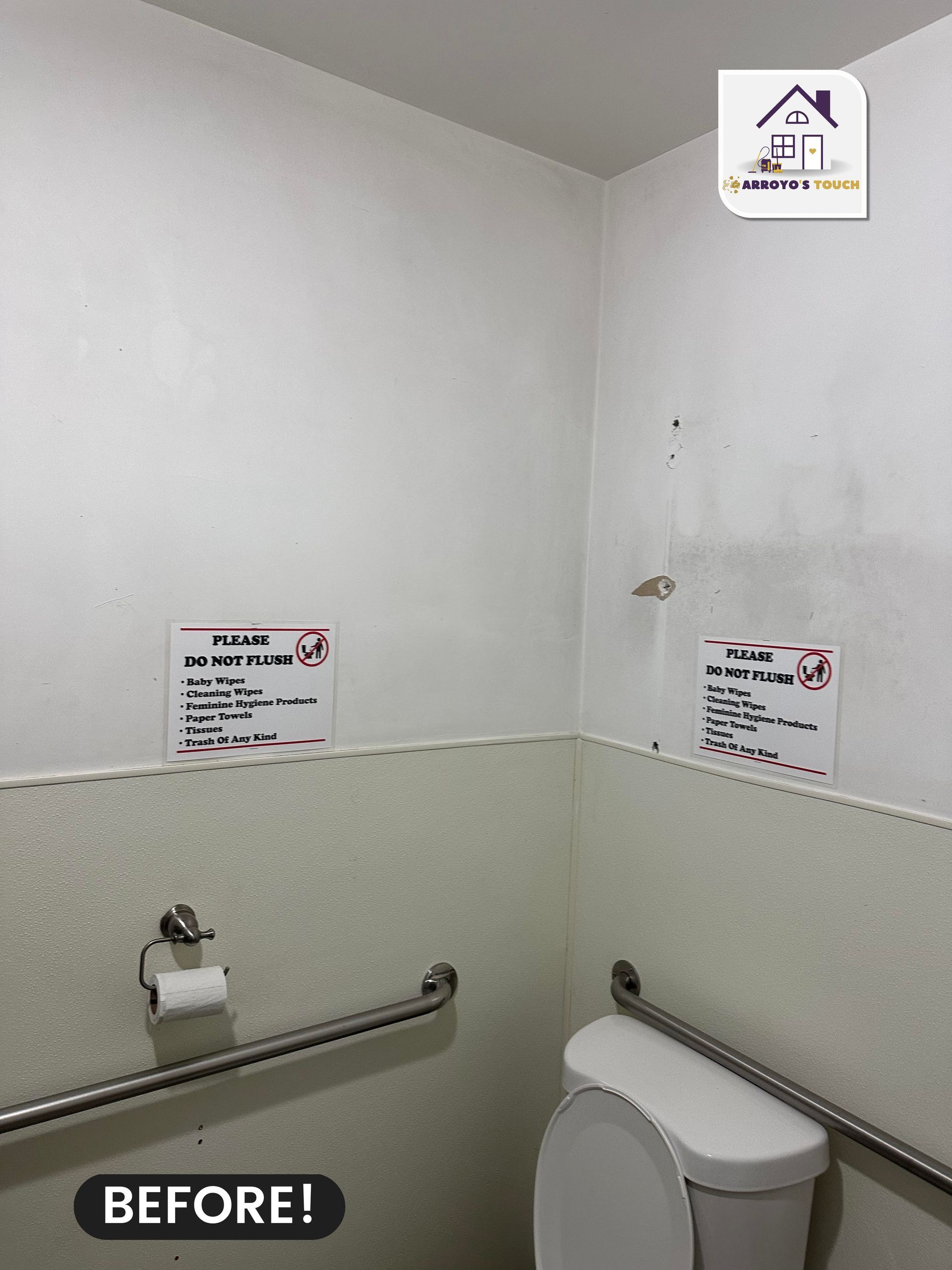 ADA-compliant restroom before renovation. White walls with signs, grab bars, and toilet.