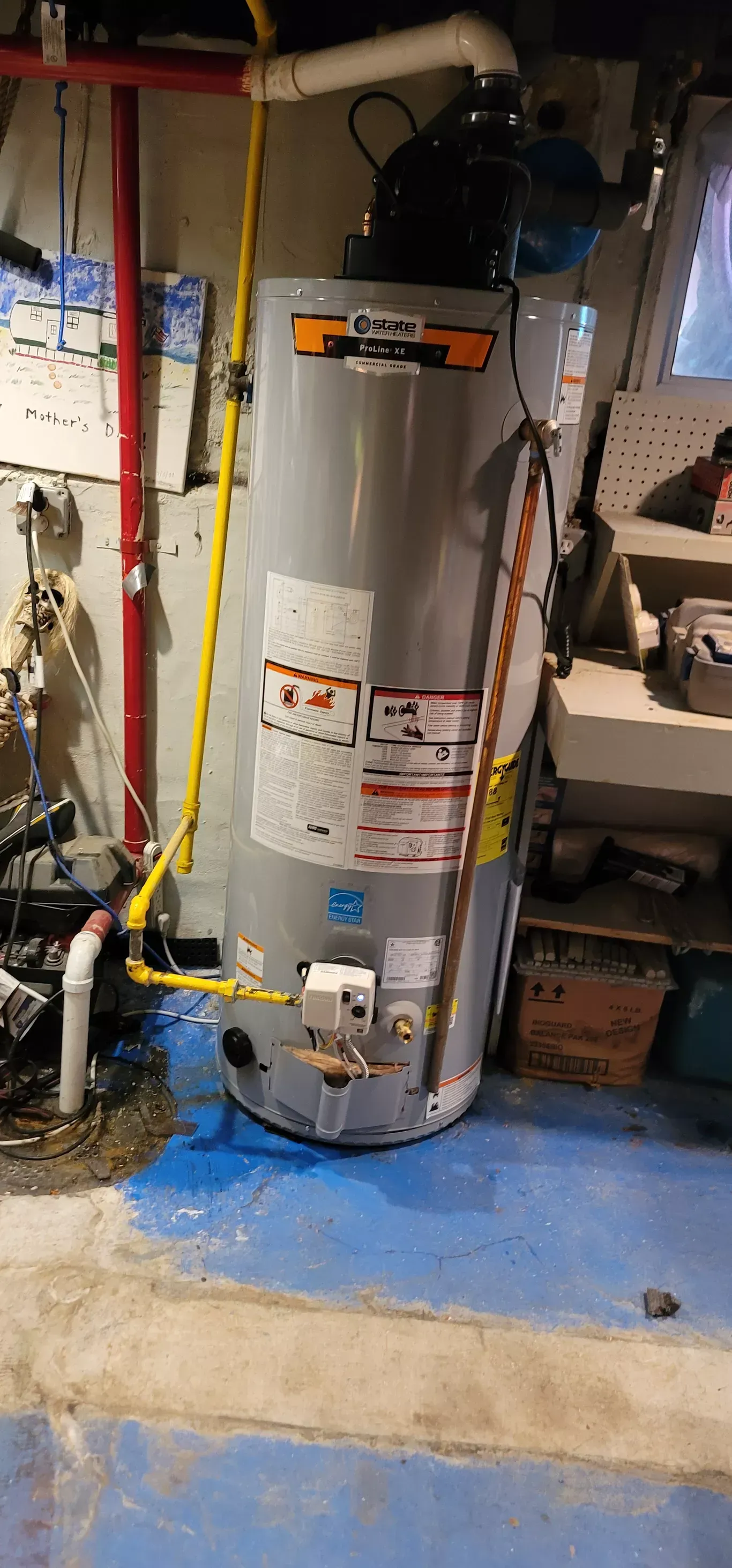 A water heater is sitting on a blue floor in a basement.