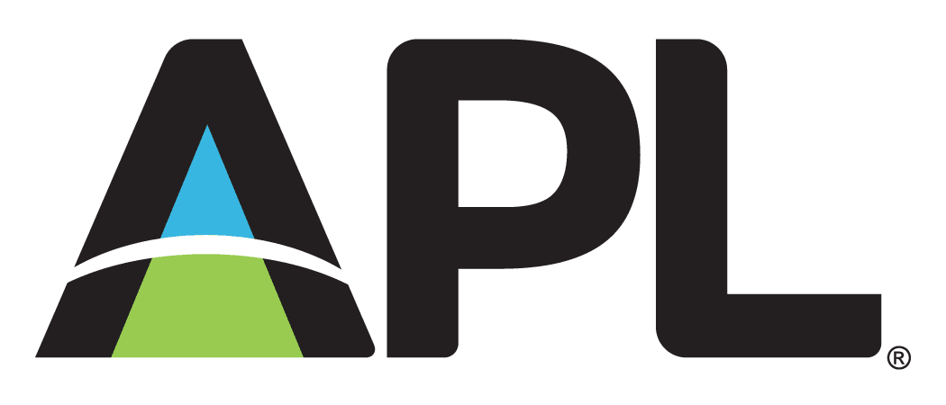 APL logo, black letters with blue and green accents inside the