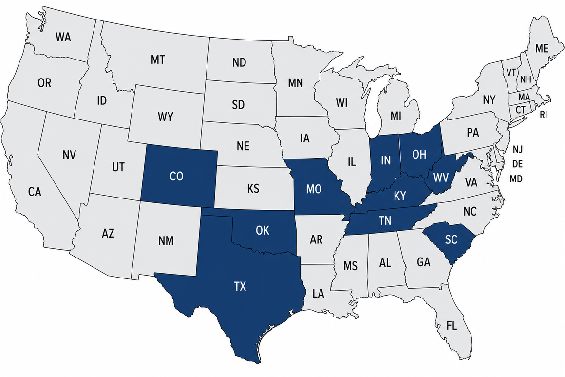 Map of the USA highlighting Texas, Oklahoma, Tennessee, South Carolina, and Georgia in dark blue.