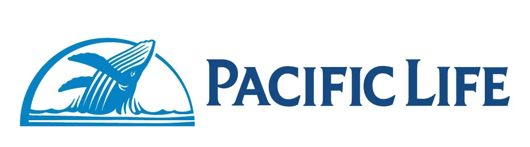 Pacific Life logo: blue whale breaching the ocean under an arch, followed by