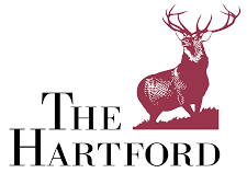 The Hartford logo: maroon stag beside black text,