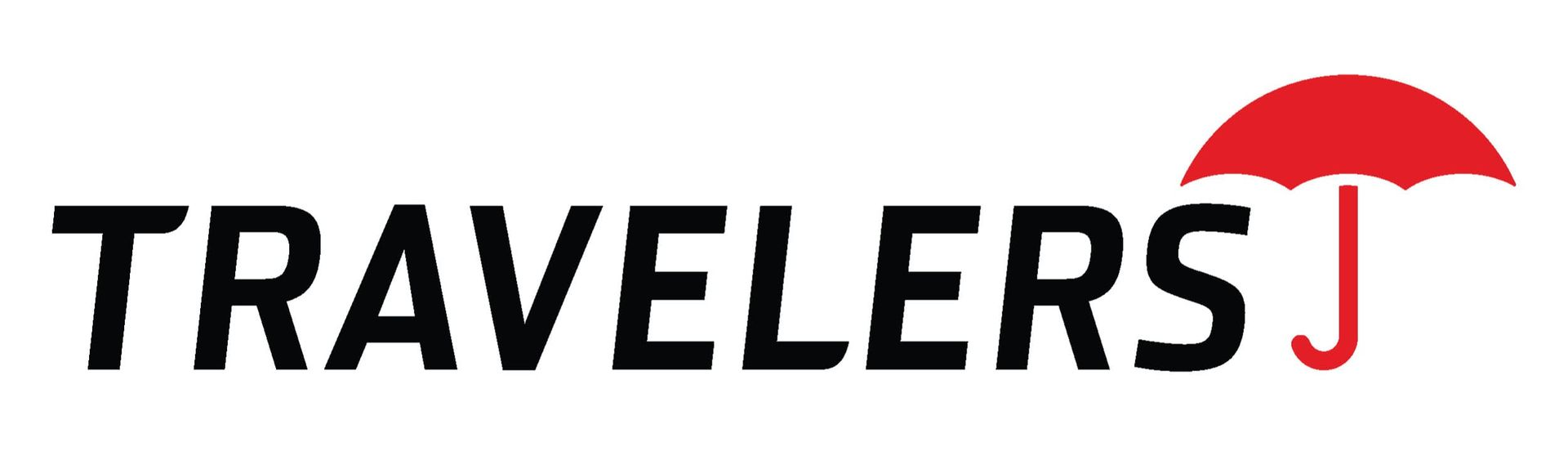 Travelers Insurance logo with black text and a red umbrella icon.