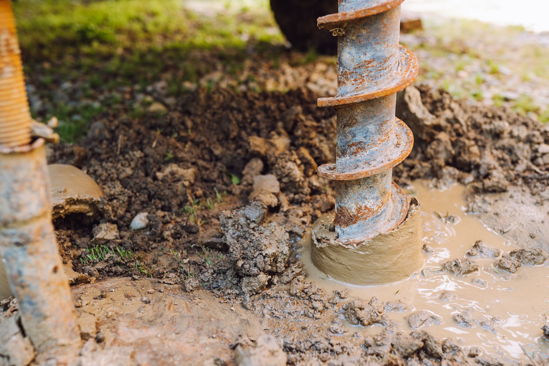 Water well drilling, groundwater level research. Borehole auger
