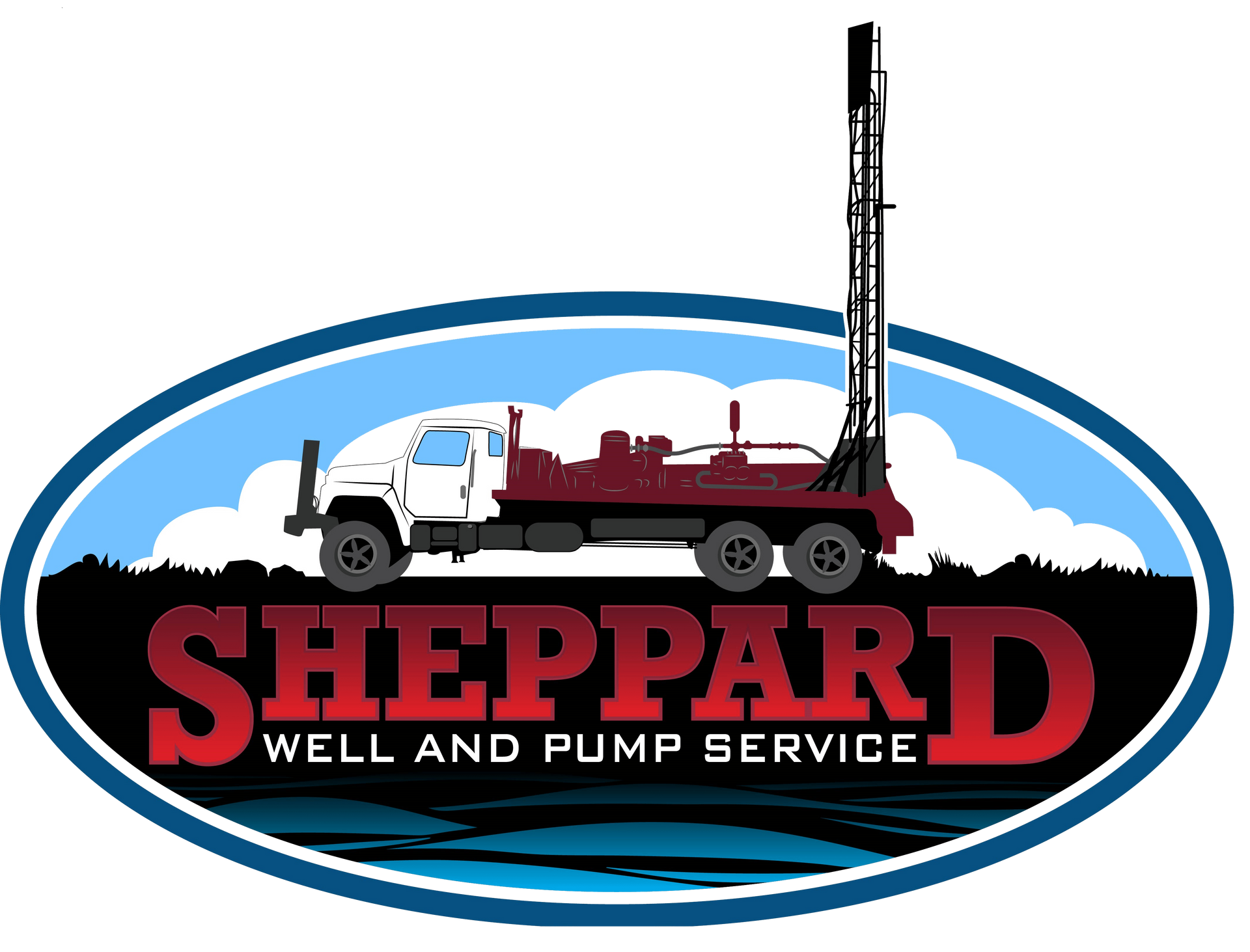 Logo for Sheppard Well and Pump Service, featuring a drilling truck in an oval frame.