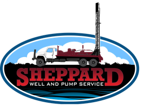 Logo for Sheppard Well and Pump Service, featuring a drilling truck in an oval frame.