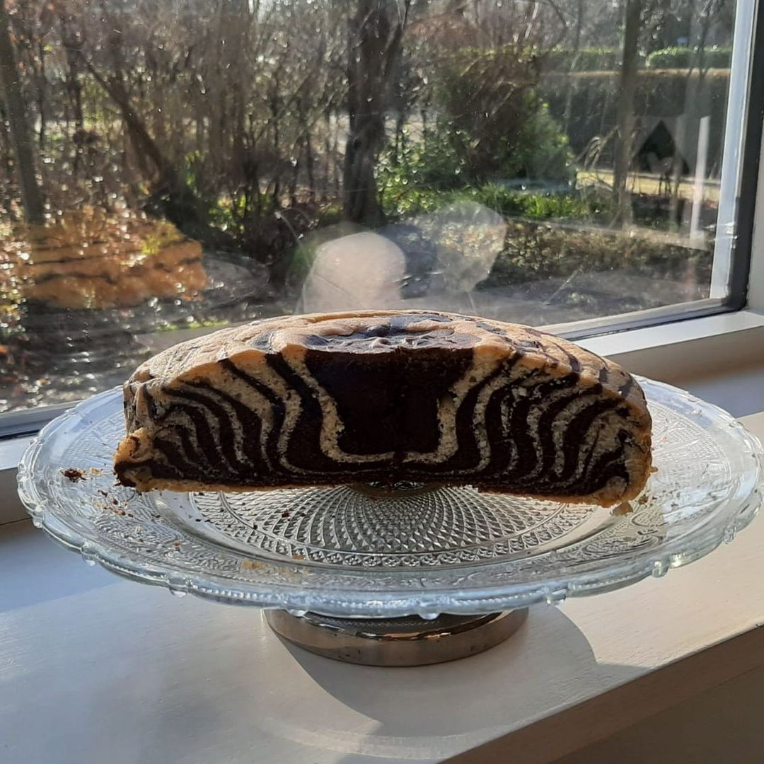 Een zebraprint taart op een glazen taartplateau voor een raam, waar het zonlicht doorheen schijnt.