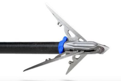 A close up of a stainless steel arrow on a white background.