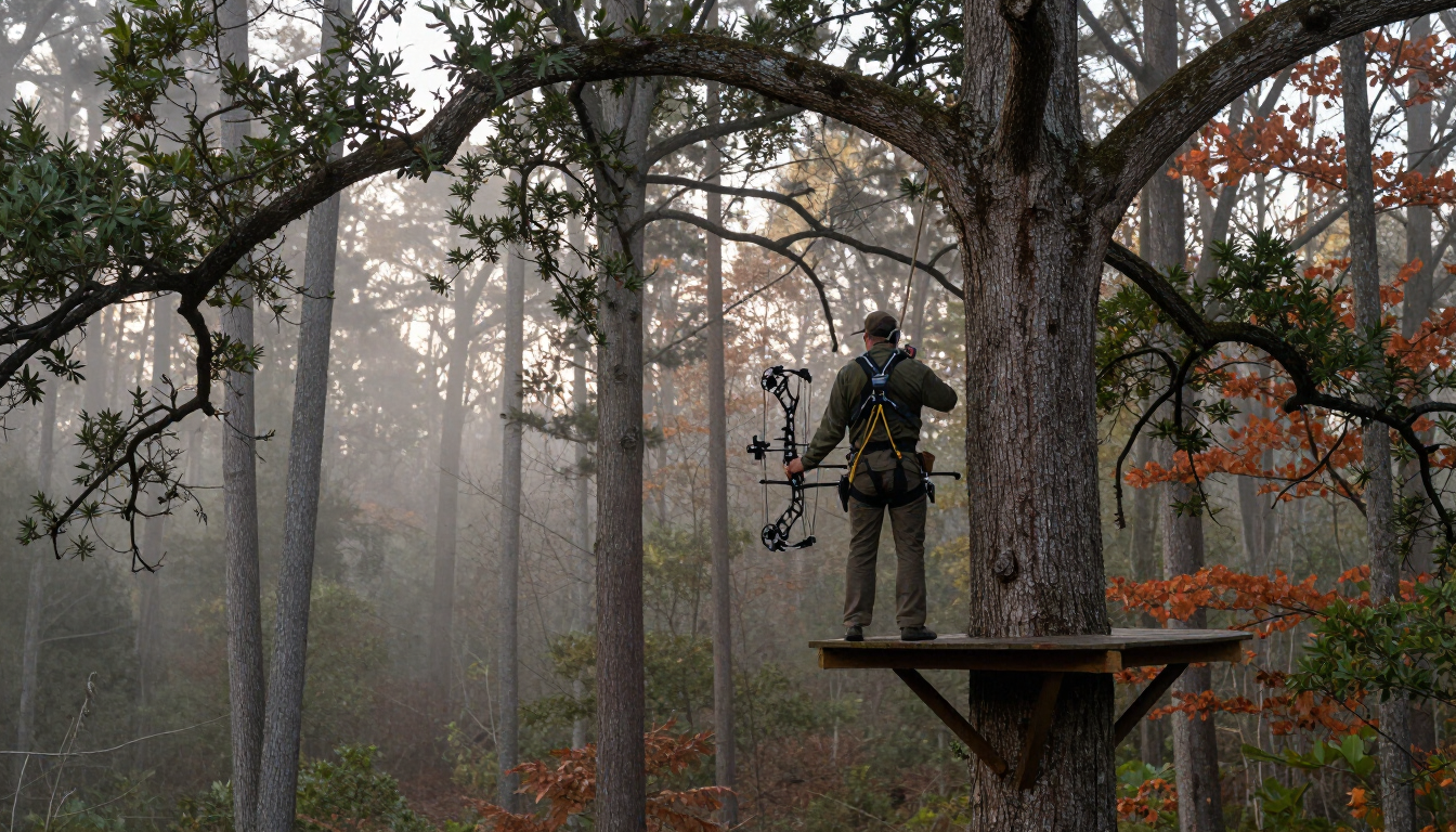Person standing on a wooden platform in a forest, wearing safety gear and harness among tall trees