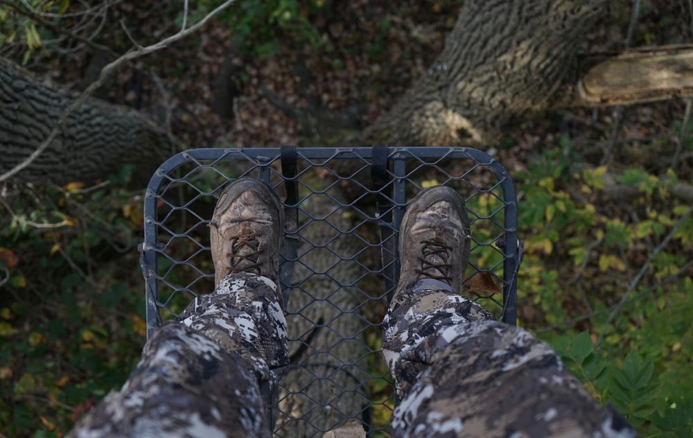 Boots on a metal platform overlooking a wooded stream.