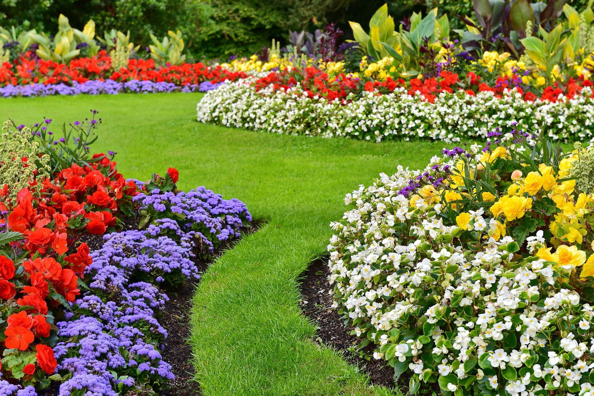 A vibrant garden with curved beds of red, purple, white, and yellow flowers flanking a lush green lawn.